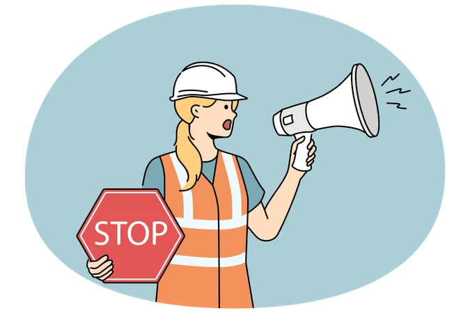 Female builder with megaphone and stop sign  Illustration