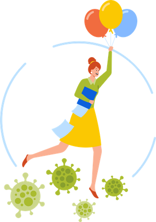 Female Business Character Flying Over Corona Virus on Balloons  イラスト