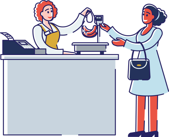 Female Buying Meat and Standing At The Register In Butchery Shop Illustration