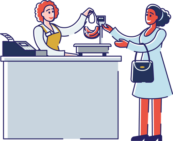 Female Buying Meat and Standing At The Register In Butchery Shop  Illustration