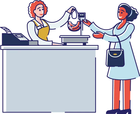 Female Buying Meat and Standing At The Register In Butchery Shop  Illustration