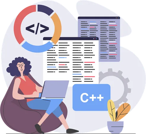 ウェブサイトに取り組んでいる女性の C 開発者  イラスト