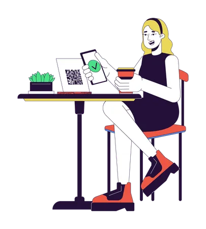 Female Cafe Customer Scanning Qr Code 2 D Linear Cartoon Character Blonde Caucasian Woman Isolated Line Vector Person White Background Paying For Coffee With Nfc Phone Color Flat Spot Illustration Illustration