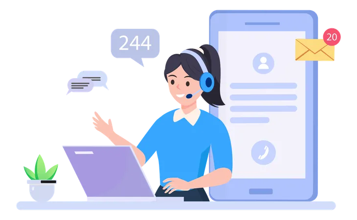Customer Service Call Center Hotline Operators With Headphones On Laptop Screen Illustration