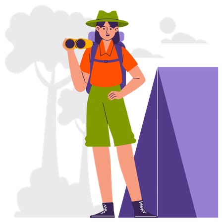 Female camper scouting near campsite  Illustration