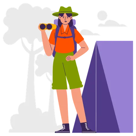 Female camper scouting near campsite  Illustration