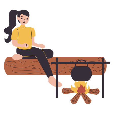 Female camping relax while cooking  Illustration