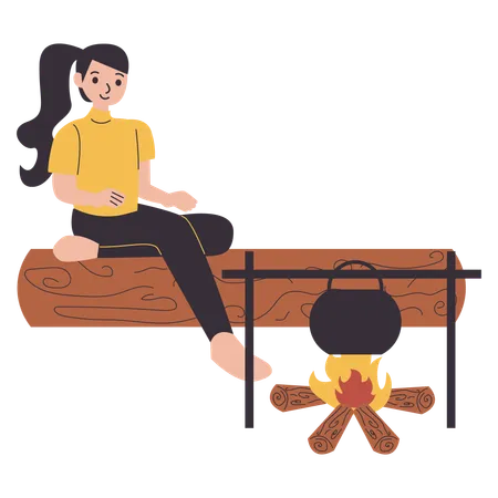 Female camping relax while cooking  Illustration