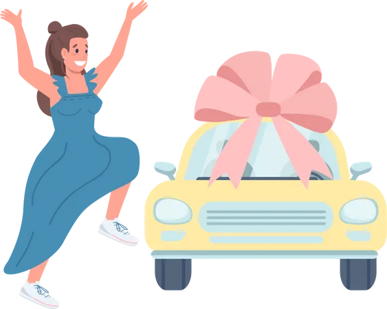 Female Car Winner Flat Color Vector Detailed Character Automobile With Bow Woman Excited For New Vehicle Luxury Present Isolated Cartoon Illustration For Web Graphic Design And Animation Illustration