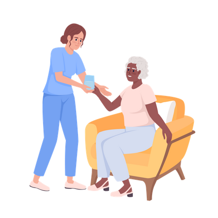 Female caregiver giving glass to senior woman  Illustration