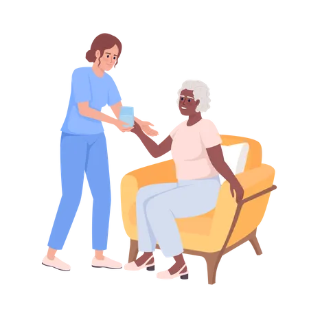 Female caregiver giving glass to senior woman  Illustration