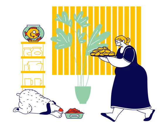 Female caretaker Carrying Tray with Pile of Fresh Pies  Illustration