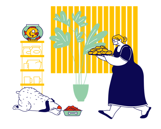 Female caretaker Carrying Tray with Pile of Fresh Pies  Illustration