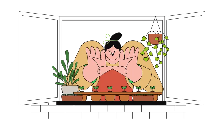 Female caring for plants in pot  Illustration