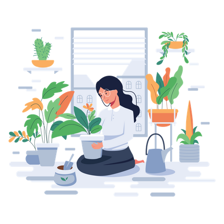 Female caring for plants in pot  Illustration