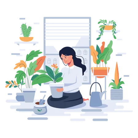 Female caring for plants in pot  Illustration