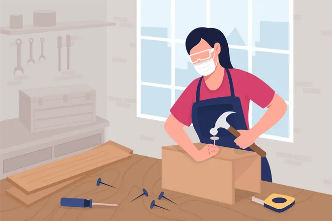 Female Carpenter In Mask And Protective Glasses At Work Flat Color Vector Illustration Woman With Hummer At Workbench Contractor 2 D Cartoon Character With Woodworking Studio Interior On Background Illustration