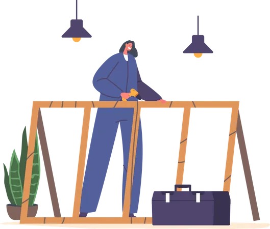 Worker Female Character Assembles Wooden Furniture Using Drill The Furniture Is Pre Cut And The Worker Follows An Instruction Manual To Complete The Assembly Cartoon People Vector Illustration Illustration