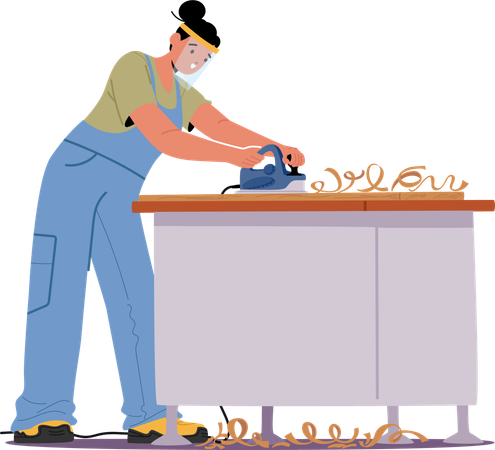 Female Carpenter Focuses On Sanding Wooden Surface Wearing Safety Gear Engaged In Carpentry Work  Illustration