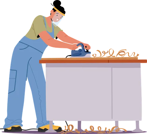 Female Carpenter Focuses On Sanding Wooden Surface Wearing Safety Gear Engaged In Carpentry Work  Illustration