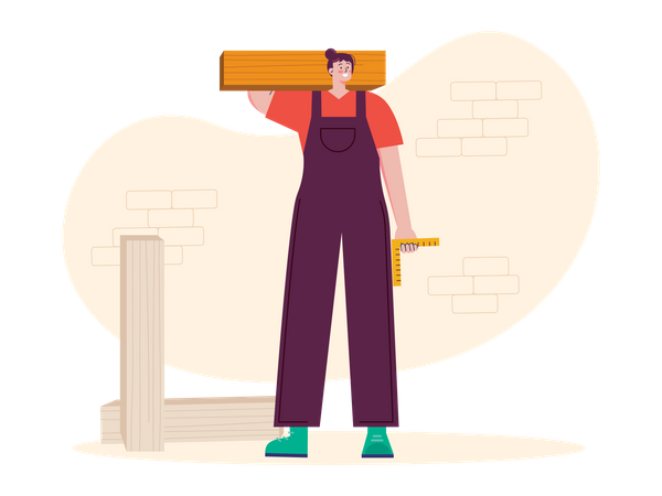 Female carpenter holding wooden on shoulder with scale Illustration