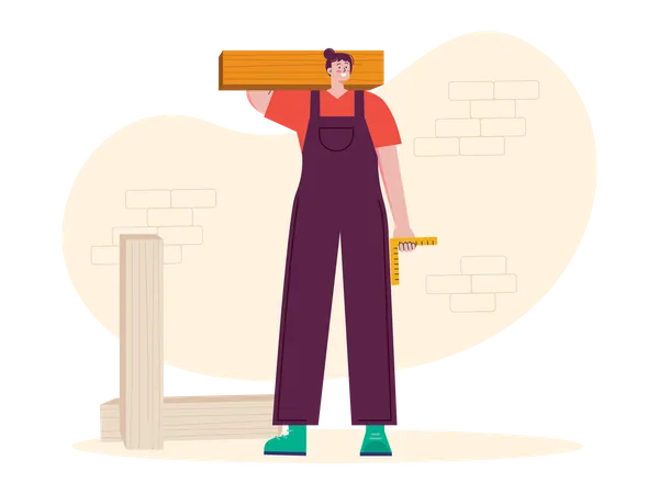 Female carpenter holding wooden on shoulder with scale Illustration