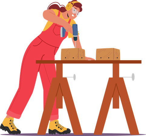 Female Carpenter Using Drill To Work On Wooden Blocks While Wearing Protective Gear In Workshop Setting  Illustration