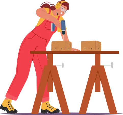 Female Carpenter Using Drill To Work On Wooden Blocks While Wearing Protective Gear In Workshop Setting  Illustration