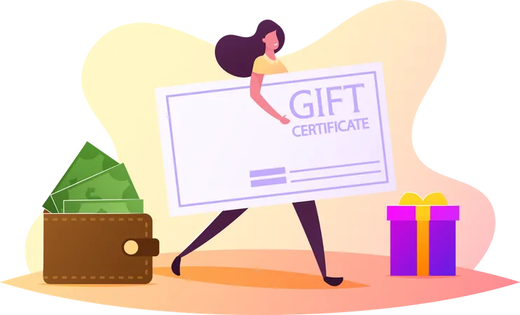 Female Carry Gift Certificate near Gift Box and Wallet with Money Illustration