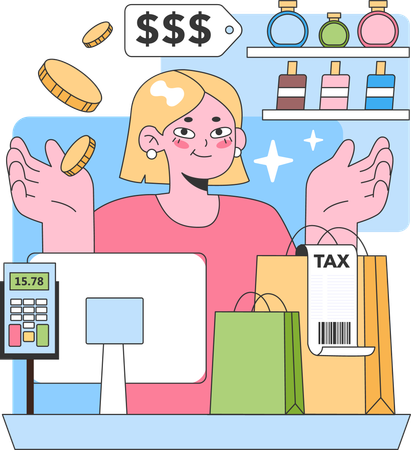 Female cashier working at bill counter  Illustration