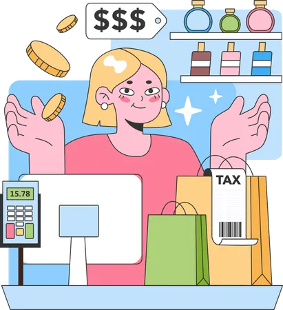 Female cashier working at bill counter  Illustration