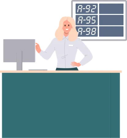 Woman Cashier Cartoon Character Working At Gas Station Providing Professional Transport Refueling Service Isolated On White Background Friendly Smiling Young Saleswoman Greeting Meeting Customer Illustration