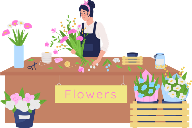 Female Caucasian florist making floral arrangement Illustration