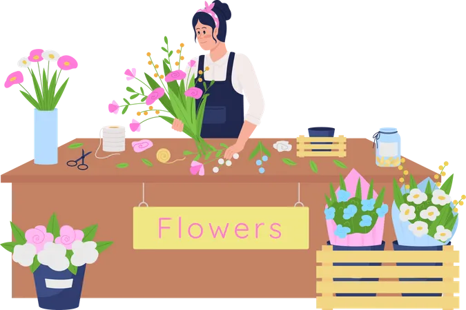 Female Caucasian Florist Making Floral Arrangement Flat Color Vector Detailed Character Work On Bouquets Flower Shop Isolated Cartoon Illustration For Web Graphic Design And Animation Illustration