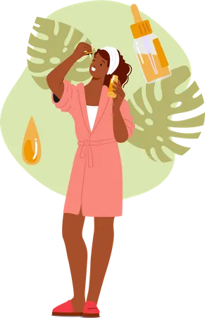 Black Female Character Beauty Care Routine Girl Gently Applies Face Serum Nourishing And Rejuvenating The Serum Helps Maintain Healthy Radiant Skin Cartoon People Vector Illustration Illustration