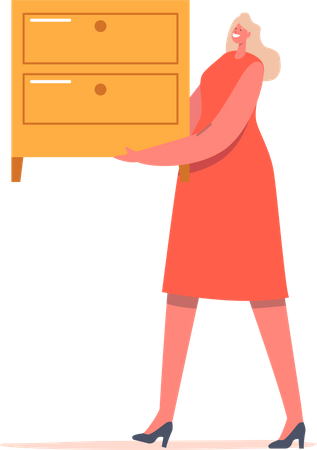 Female Character Carry Wooden Dresser  Illustration