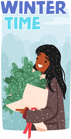 Female Character Clasps A Bouquet Adorned With Frost-kissed Blooms  イラスト