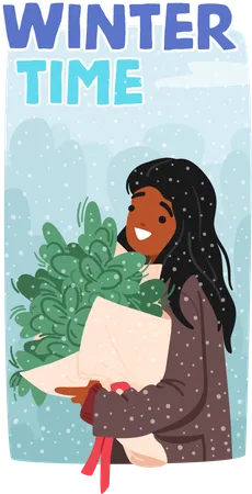 Female Character Clasps A Bouquet Adorned With Frost-kissed Blooms  イラスト
