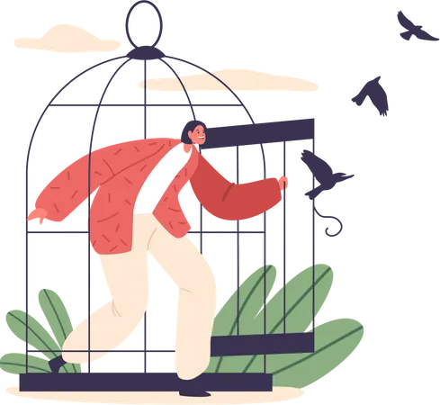 Female Character Leaving A Cell With Swallows Liberated Woman Breaking Free From The Confines Of A Cage Symbolizing Empowerment Freedom And The Courage To Defy Limitations Vector Illustration Illustration