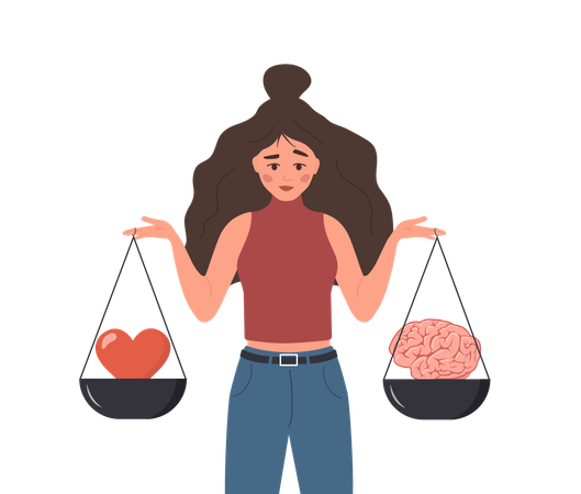 Female Character Looking At Brain And Heart On Seesaw  Illustration