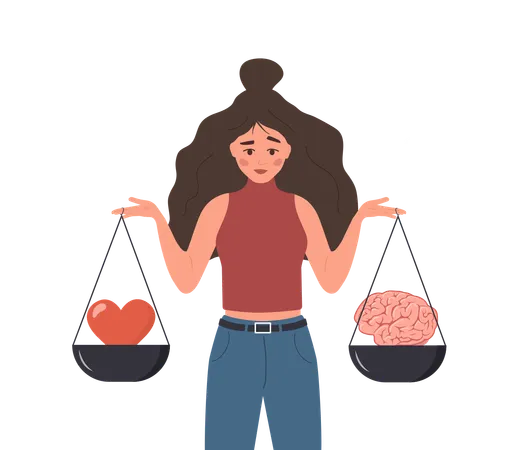 Female Character Looking At Brain And Heart On Seesaw  Illustration