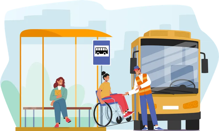 Female character on wheelchair use ramp to access bus Illustration