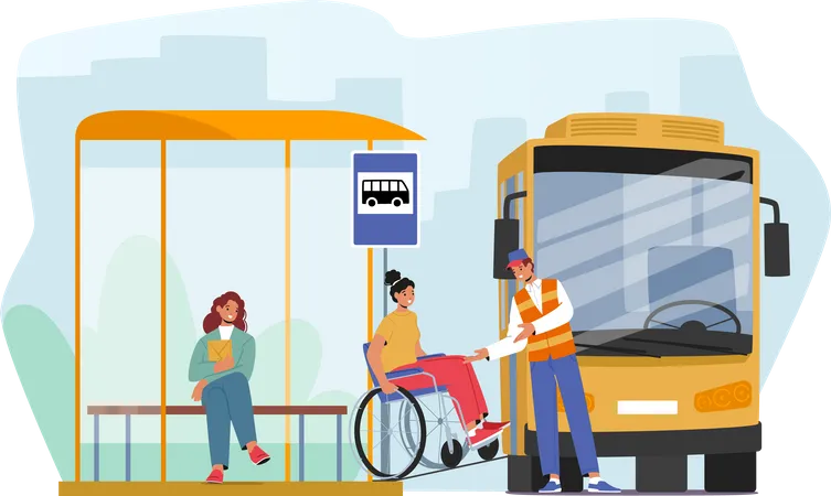 Female character on wheelchair use ramp to access bus  Illustration