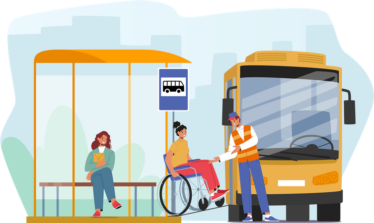 Female character on wheelchair use ramp to access bus  Illustration