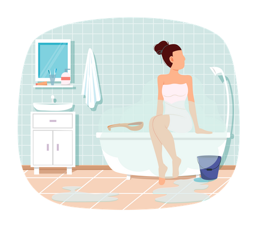 Female character relaxing in home sauna with hot steam. Girl sits wrapped in towel after bath Illustration