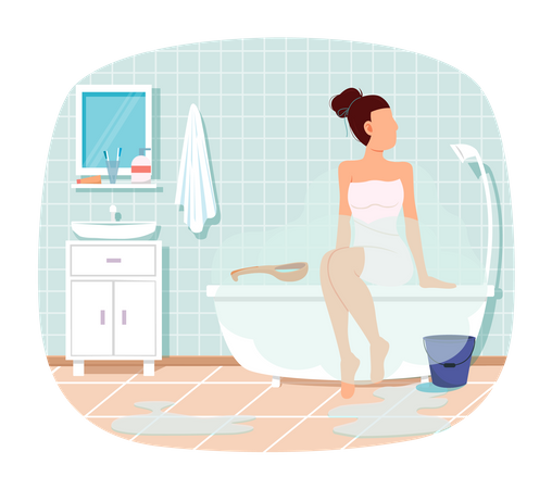 Female character relaxing in home sauna with hot steam. Girl sits wrapped in towel after bath  Illustration