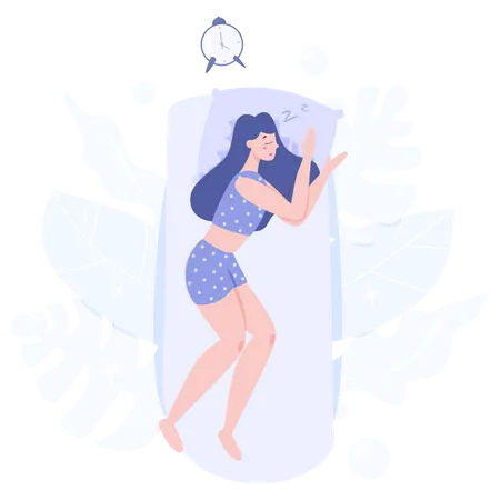 Woman Sleeping Person Rest In The Bed On The Pillow Late At Night Peaceful Dream And Relax Vector Illustration In Cartoon Style Illustration