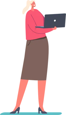 Female Character Standing with Laptop  Illustration