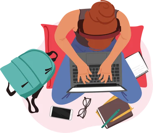 Online Education Or Home Office Concept With Young Female Character With Laptop Top View Freelancer Or Student Girl Sit On Floor With Notebook And Working Supplies Cartoon People Vector Illustration Illustration