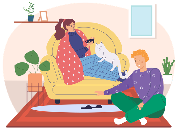 Female character wrapped in blanket drinks tea  Illustration
